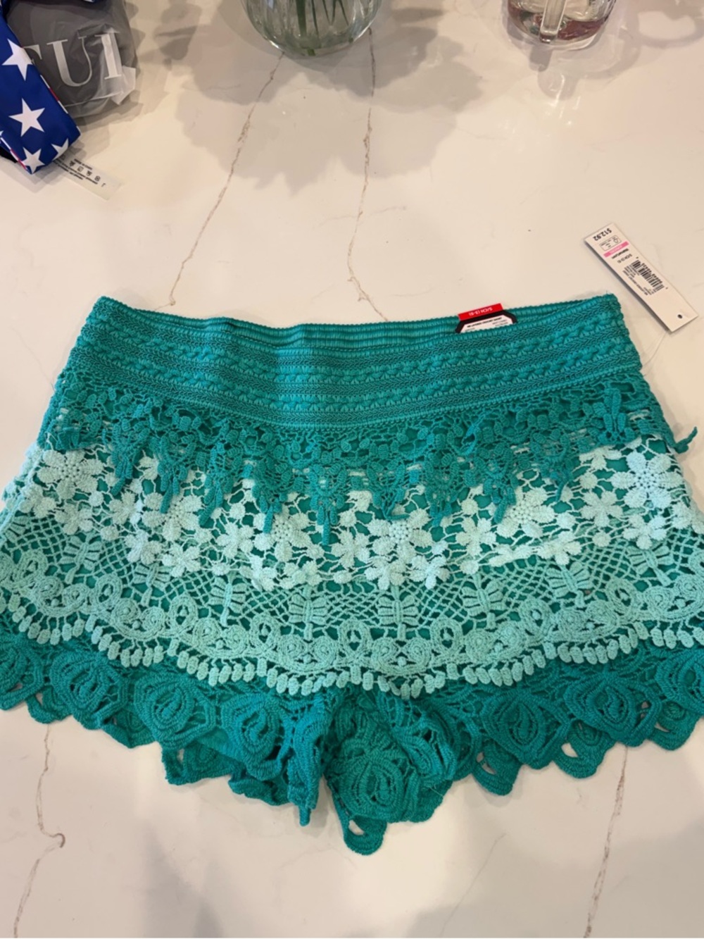 No Boundaries Teal to Mint Ombre Crochet Lace Shorts